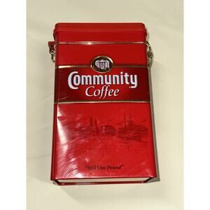 Community Coffee Tin 8" Canister Can Red Wire Closure Empty Hinged Lid 2007